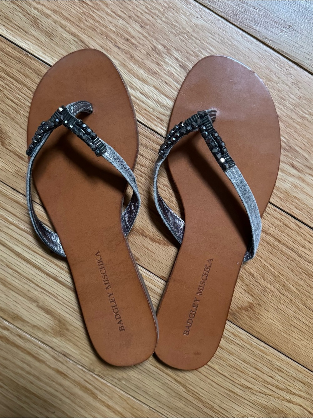 Badgley Mischka Silver Beaded Leather Sandals